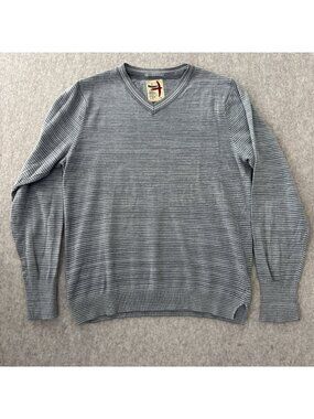 Relwen Cotton Linen‎ V Neck Sweater Mens Large Gray Stripe Lightweight Knit